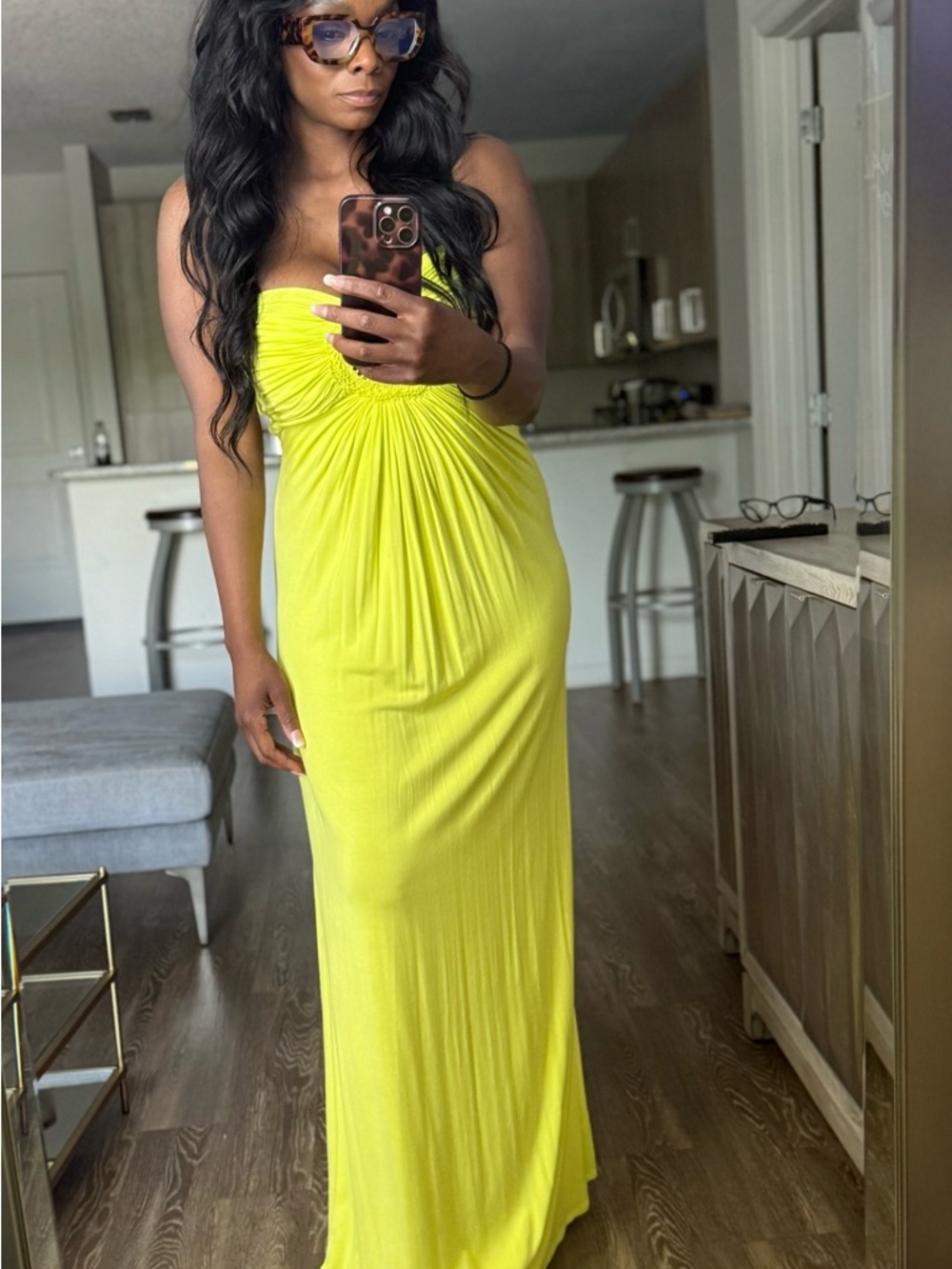 SKY Brand Yellow Ruched Maxi Dress Sz L